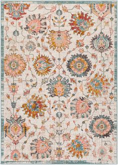 an area rug with various colors and designs on the floor, including flowers in blue, orange