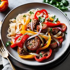 a white plate topped with pasta and meat covered in peppers next to a knife and fork