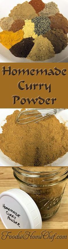 homemade curry powder in a glass bowl on a wooden table with the words homemade curry powder below it