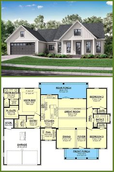 two story house plans with garage and living room on the first floor are shown in this image