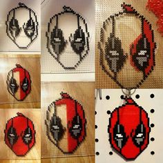 four pictures of deadpool headphones made out of legos and string - work