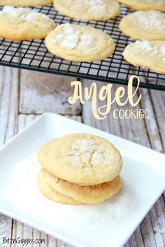 an image of cookies on a plate with the words angel cookies in front of it