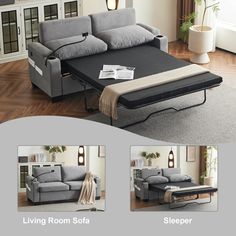 a living room sofa with a sleeper bed attached to the back and two pictures of it