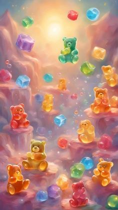 there are many gummy bears floating in the air together with bubbles all around them