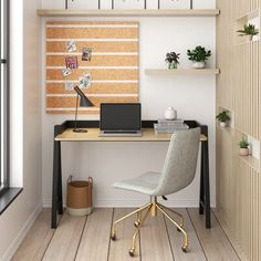 a yellow chair sits in front of a desk with a laptop on it