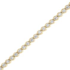 Elegantly dress her wrist in the bold and brilliant look of this diamond tennis bracelet. Expertly crafted in 14K gold, this endless line design features sparkling 1/20 ct. diamonds in oval links with domed wave settings. Captivating with 2 cts. t.w. of diamonds and a bright polished shine, this sultry 7.0-inch tennis bracelet secures with a tongue and groove clasp. Oval Link Diamond Tennis Bracelet With Diamond Accents, Oval Link Diamond Tennis Bracelet With Accents, Diamond Tennis Bracelet With Oval Link And Accents, Oval Yellow Gold Tennis Bracelet With Brilliant Cut, Yellow Gold Oval Tennis Bracelet With Brilliant Cut, Gold Oval Diamond Bracelet With Brilliant Cut, Gold Diamond Bracelet With Brilliant Cut In Oval Shape, Classic Diamond Gold Bracelet With Oval Links, Classic Gold Diamond Bracelet With Oval Links