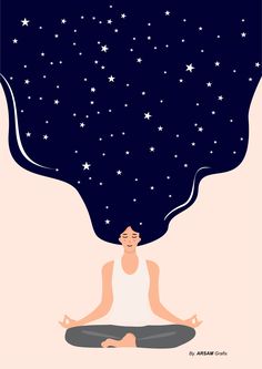 a woman is sitting in the lotus position with stars above her head