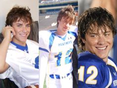 three young men in football uniforms posing for a photo