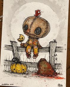 a drawing of a scarecrow sitting on top of a fence with pumpkins in front of it