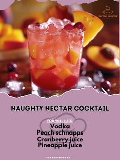 Vodka 1 1/2 oz\nPeach schnapps 1 oz\nCranberry juice 2 oz\nPineapple juice 1 oz\nIce cubes\nPeach slice for garnish\nFill a shaker with ice cubes.\nAdd vodka, peach schnapps, cranberry juice, and pineapple juice.\nShake well and strain into a glass filled with ice.\nGarnish with a peach slice.\nEnjoy the sweet and tantalizing flavors!\n#NaughtyNectar #DeliciousDrinks #RecipeInspire #SweetDrinks #PartyCocktails Girly Drinks, Virgin Cocktails, Alcohol Beverages, Hey Bartender, Homemade Chinese Food, Iced Drinks Recipes, Happy Hour Drinks, Jungle Juice