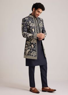 Navy Blue Embroidered Sherwani Kurta Set Navy Blue Sherwani, Blue Sherwani, Embroidered Sherwani, Silver Embroidery, Traditional Attire, Kurta Set, Navy Blue