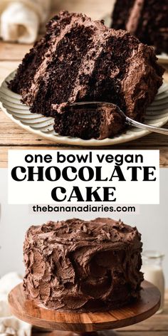 chocolate cake on a plate with the words, one bowl vegan chocolate cake