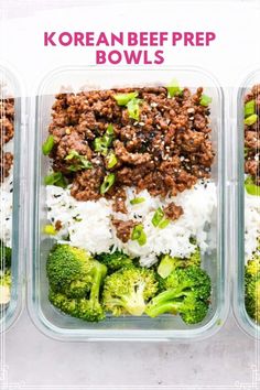 three plastic containers filled with rice, meat and broccoli next to each other