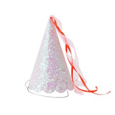 a white party hat with red ribbon and streamers