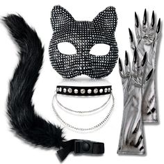 a cat mask, gloves and chain bracelets are all part of the costume set