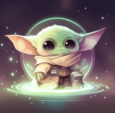 the baby yoda is sitting in front of a star wars scene