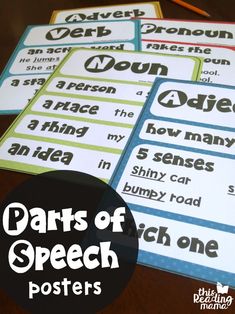 the parts of speech posters are shown in three different colors and font, including one for each