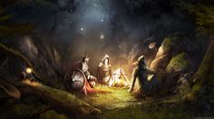 three knights are sitting in the woods at night