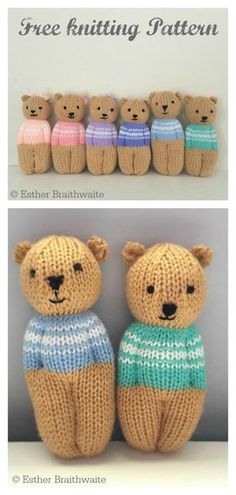 two pictures with different knitted teddy bears in sweaters