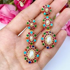 punjabi navratan jadau earrings Multicolor 22k Gold Earrings For Gifts, Multicolor Gold Plated Earrings For Diwali, Multicolor Gold-plated Earrings For Diwali, Multicolor 22k Gold Temple Jewelry Earrings, Multicolor Meenakari 22k Gold Earrings, Multicolor 22k Gold Meenakari Earrings, Traditional Multicolor Pearl Drop Earrings, Festive Multicolor Pearl Drop Earrings, Festive Multicolor 22k Gold Earrings