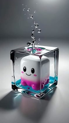 a cube shaped object with water splashing out of it's face and eyes