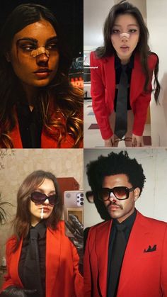 four different pictures of people in red jackets and sunglasses