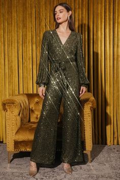 The perfect jumpsuit for your next holiday, party, event. Pair with a cute pair of heels. Sequined Jumpsuit, Vacation Dresses Casual, Match Velvet, Puffed Long Sleeves, Wrap Jumpsuit, Sequin Jumpsuit, Occasion Dresses Wedding, Next Holiday, Fall Skirts