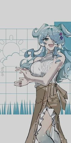 a drawing of a woman with blue hair and white dress standing in front of a tiled wall