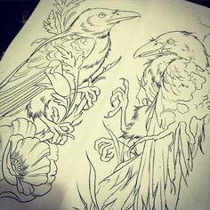 a drawing of two birds sitting on top of a piece of paper with flowers in the background