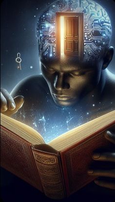 a man reading a book with an open door in his head and brain images on the pages