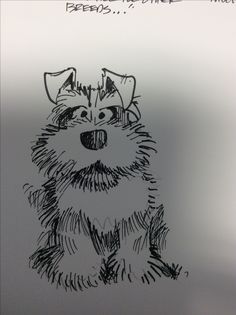 a black and white drawing of a dog with its mouth open in front of the camera