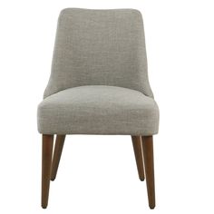 an upholstered chair with wooden legs and a light gray fabric seat pad on a white background