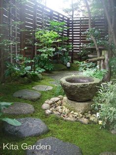 a garden with rocks and plants in it