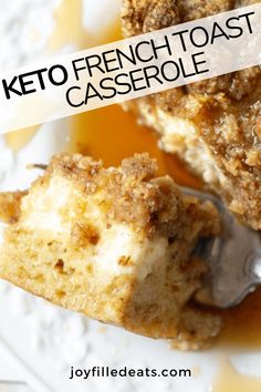 keto french toast casserole on a white plate with a fork in it