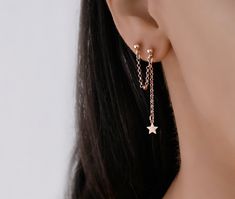 This rose gold chain earring has 2 stud earrings connected by a dangly chain. There is a star charm on the one stud. The earring is made of sterling silver 925 that is rose gold plated. This is one earring not a pair of earrings. Long Stud Earrings, Aesthetic Chain Earrings, Chain Connected Earrings, Earrings 2 Holes Double Piercing, Two Hole Earrings, Prom Earrings Double Piercing, Connecting Earrings, Connected Earrings, Drop Earrings Aesthetic