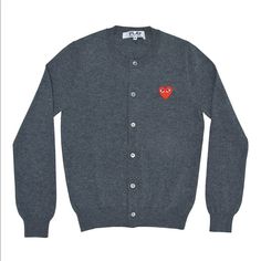 Iconic Heart Embroidery Lends A Touch Of Visuals To This Minimalist Cardigan. Roundneck Long Sleeves Rib-Knit Neck, Cuffs And Hem Button Front Knit Finish Wool Dry Clean Made In Japan Cdg Cardigan, Cdg Outfit, Grey Knitwear, Red Play, Patch Cardigan, Cdg Play, Polka Dot Cardigan, Play Comme Des Garcons, Heart Sweater