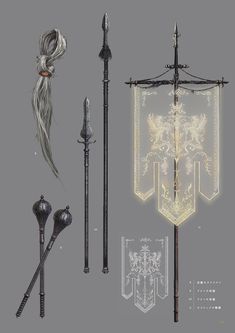 the concept art for an upcoming video game is shown in this image, including two swords and