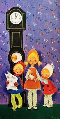 three children standing in front of a tall clock tower with music notes on it's sides