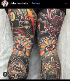 the legs are covered in tattoos and designs