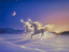 two unicorns running in the snow at night