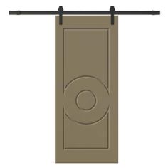 a brown door with an oval design on the front and side panel, hanging from a metal rod