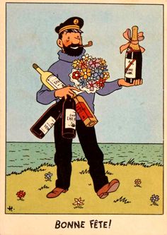 a card with a man holding bottles and flowers in his hand, while the caption reads virolik namffest