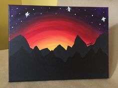 an acrylic painting of the night sky over mountains