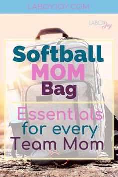 a backpack with the words softball mom bag essentials for every team mom