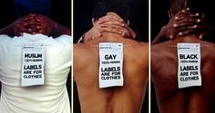 three different pictures of men with labels on their backs and arms, one showing gay