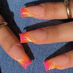 Pink Or Orange Nails, Square Acrylic Nails Designs Fall, Easy Summer Acrylic Nails, June Colors Nails, Red Orange Nail Designs Summer, Habisquis Nails, Hawaii Nails Square, Nails For Hawaii Vacation Acrylic, Miami Nails Ideas Summer