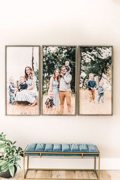 three pictures hanging on the wall above a bench