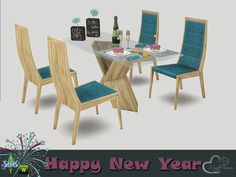 a happy new year card with a table and chairs