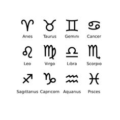 the zodiac signs and their meaningss are shown in black ink on a white background