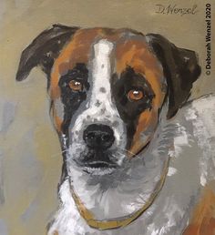 a painting of a brown and white dog